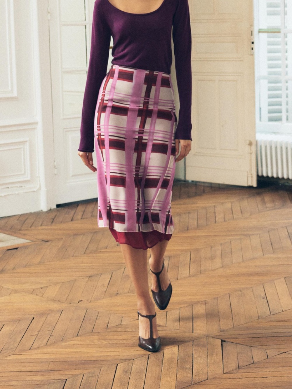 Zara Plum and Light Pink Checked Midi Skirt XS